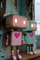 Two Vintage Robots Displaying Affectionate Hearts