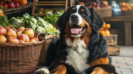 A Bernese Mountain Dog beside a picnic basket in a fresh market stall. picture