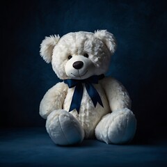 White plush teddy bear, soft fur texture, sitting alone, dark blue