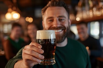 A cheerful man holds up a glass of beer with a frothy head, smiling in a vibrant bar atmosphere filled with laughter and camaraderie among friends enjoying their time.