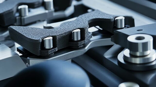 A detailed shot of a robotic gripper designed for handling delicate materials featuring soft rubberized pads that conform to the shapes of various objects ensuring secure handling without