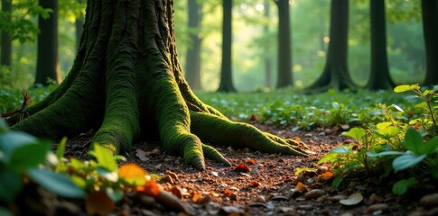 Obraz premium Forest floor with conifer tree roots and decaying leaves, tree root, trees, undergrowth