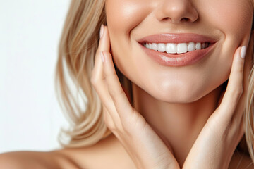 close-up Studio shot of a beautiful blond woman with perfect skin