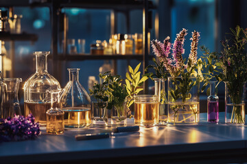 Botanical extracts and essential oils in a lab setting.