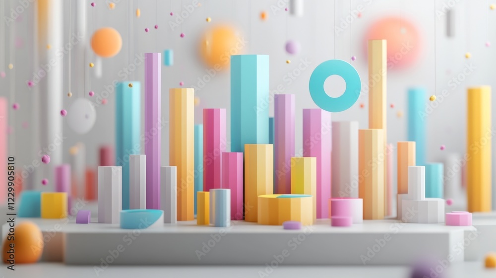Leinwandbilder d bars and pie chart graphics in vivid colors, floating in space against a neutral backdrop for a vi