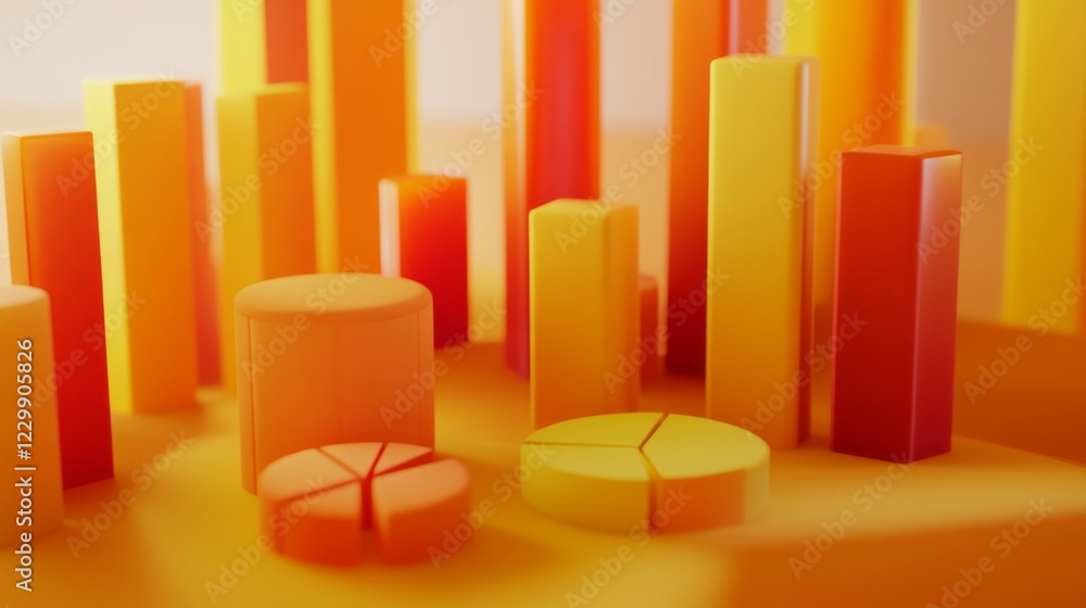 Poster D bars and pie chart graphics in vivid colors, floating in space against a neutral backdrop for a visually impactful design