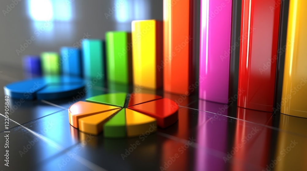 Leinwandbilder d bars and pie chart graphics in vivid colors, floating in space against a neutral backdrop for a vi