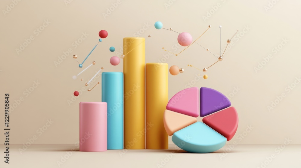 Poster d bars and pie chart graphics in vivid colors, floating in space against a neutral backdrop for a vi