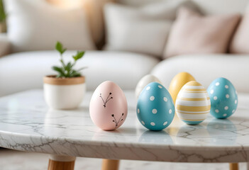 Easter background with Easter eggs on the white marble table