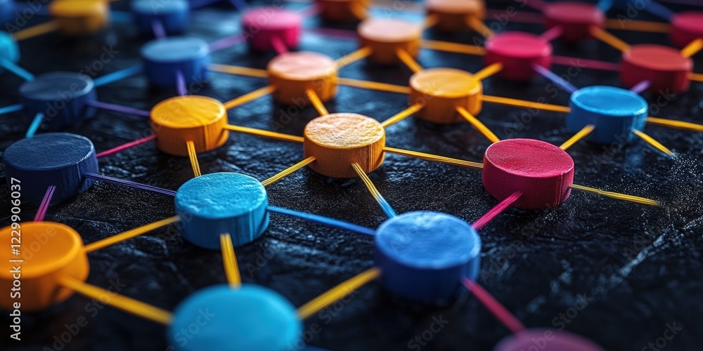 Poster assorted colorful push pins arranged on a white background for office and craft use