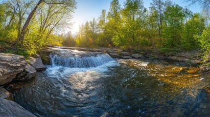 Water cascades over rocks into a river in sunlit forest for landscape backgrounds