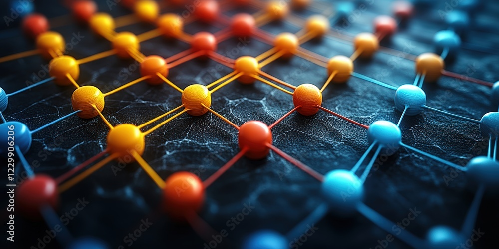 Poster close up view of a colorful molecule structure with various colored balls representing atoms