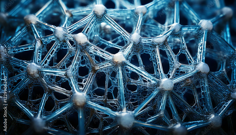 Poster stunning close-up of a complex, interconnected network structure. icy blue tones and intricate detai