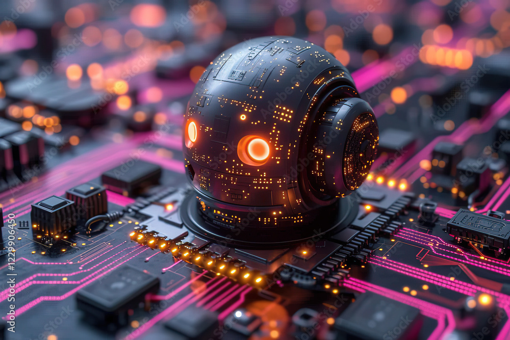 Poster robot head on a circuit board with glowing lights at a tech-inspired setting