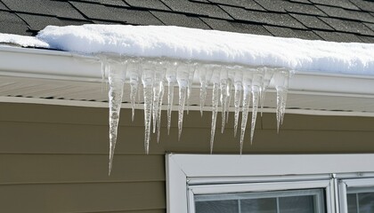 Icicles hang from a snowy roof gutter