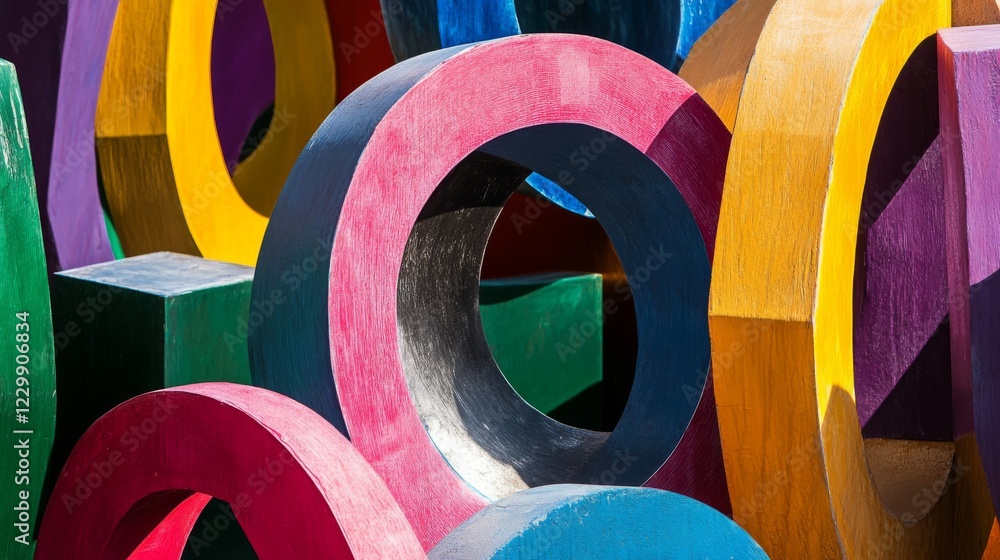 Poster an abstract background with vibrant geometric shapes in various colors, creating a dynamic and playf