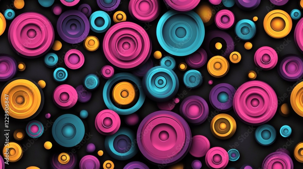 Poster an abstract background with vibrant geometric shapes in various colors, creating a dynamic and playf