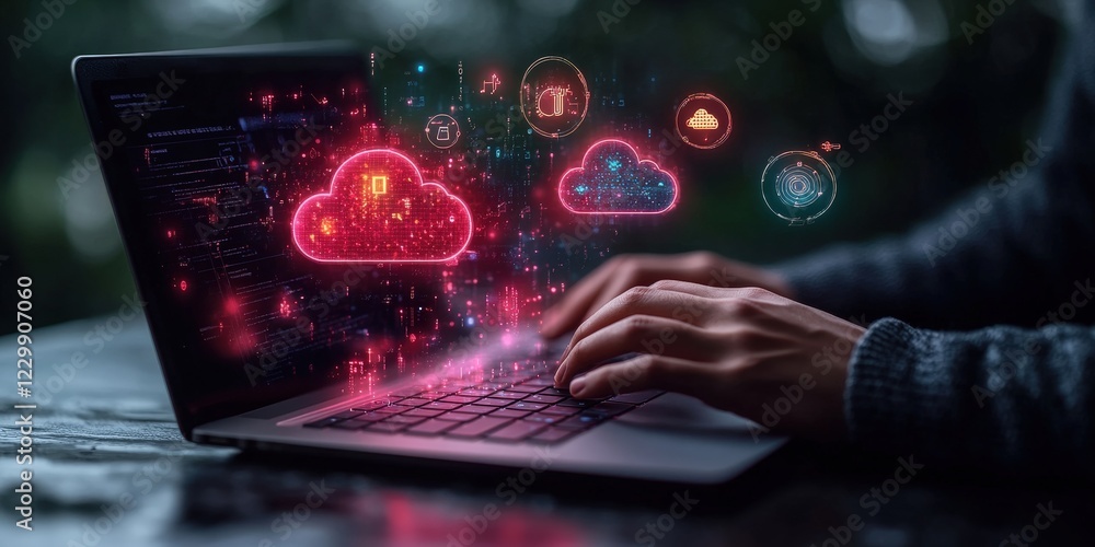 Poster person typing on laptop with floating digital icons representing various online services and applica