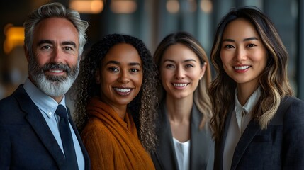 Fototapeta premium Group of professionals from various cultural backgrounds collaborating in an office, teamwork and inclusivity, modern corporate setting, 8K high resolution with copy space