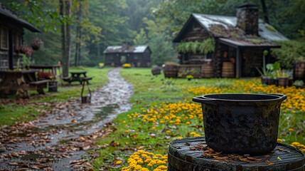 A black cast-iron pot sitting on a wooden stove.  HD 8K wallpaper Photographic Image