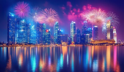Vibrant City Skyline Illuminated by Colorful Fireworks Display Over Reflective Water at Night in Urban Environment
