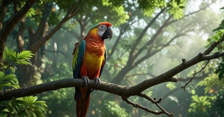 Image of a colorful parrot perched on the branch of a tall tree amidst a lush canopy, verdant landscape, tree branches, leafy canopy