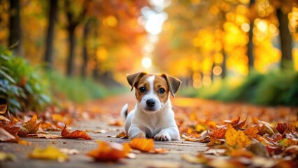 Small Jack Russell puppy playing on a fallen leaf-covered alleyway with trees displaying vibrant autumn colors, alley, nature
