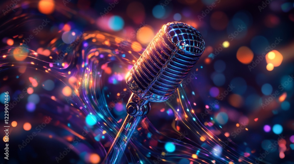 Poster An abstract image of a microphone with swirling colors and lights, creating a vibrant atmosphere that symbolizes energy and creativity in music
