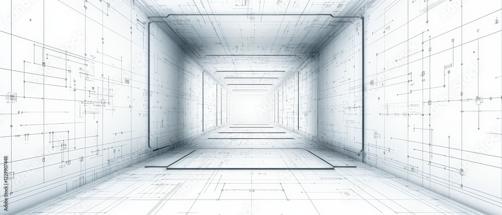 Poster 3d rendering of a modern hallway featuring architectural blueprints on the walls and floor