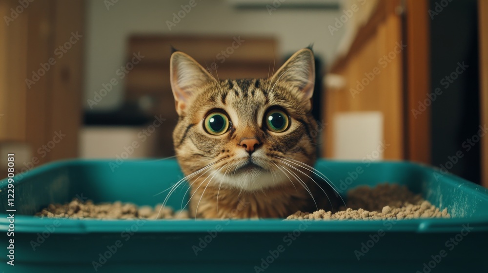 Poster an amusing scene of a cat looking surprised while peeking out from a litter box, with scattered litt