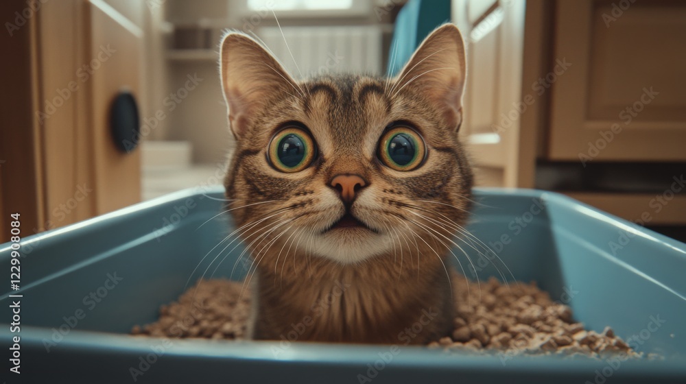 Poster an amusing scene of a cat looking surprised while peeking out from a litter box, with scattered litt