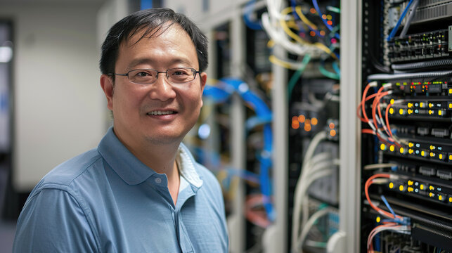 Physical Infrastructure of the Internet . engineer technician in front of server room. asian appearance. 