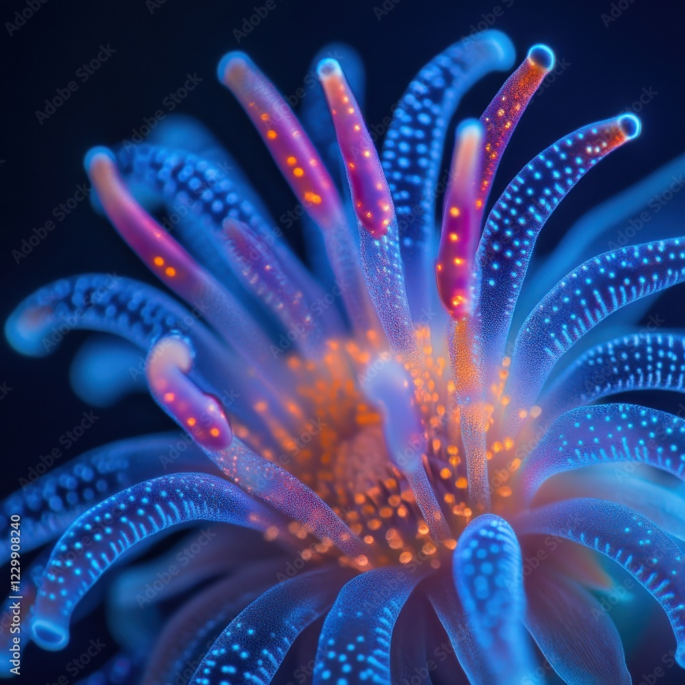 Poster vibrant close-up of luminous abstract flower with colorful petals and bioluminescent features in sof