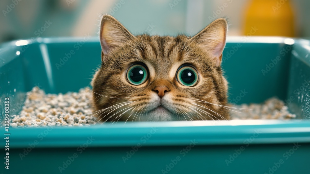Poster an amusing scene of a cat looking surprised while peeking out from a litter box, with scattered litt