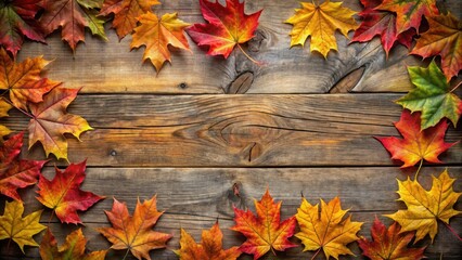 Obraz premium Autumn Sugar Maple Leaves Framing Rustic Wood Background, forest landscape