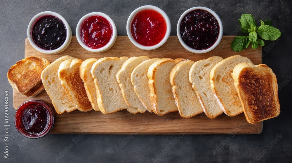 Poster an appealing view of a variety of toasted bread shapes and textures displayed on a wooden board, sur