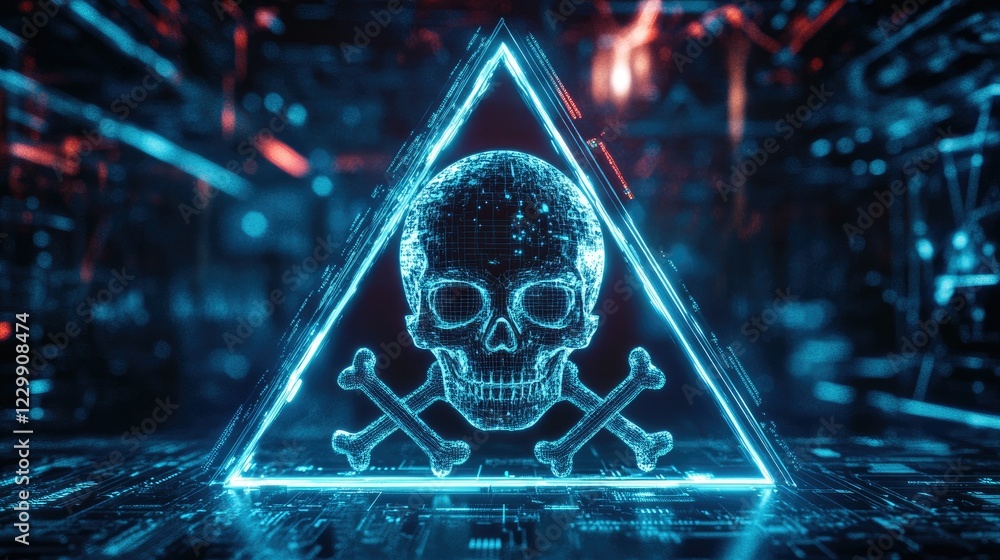 Canvas Prints a digital skull and crossbones inside a warning triangle, symbolizing a cyber threat.