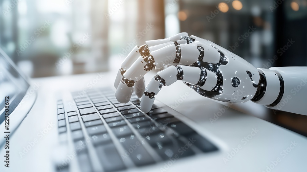 Poster robot typing on a laptop in a modern office setting with a minimalist design and bright lighting