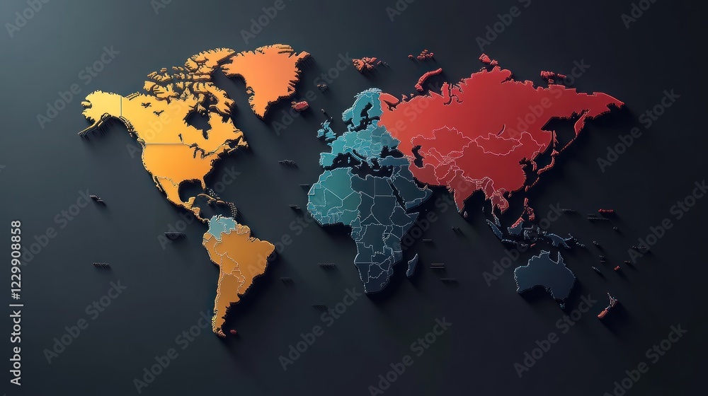 Poster isometric world map with color-coded continents.