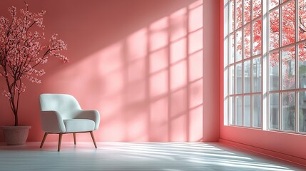 Obraz premium Serene pink interior design with cherry blossoms modern living room bright natural light tranquil atmosphere