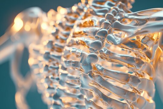 Detailed view of a human skeletal structure highlighting the spine and ribs with a glowing effect in a clinical setting - Powered by Adobe