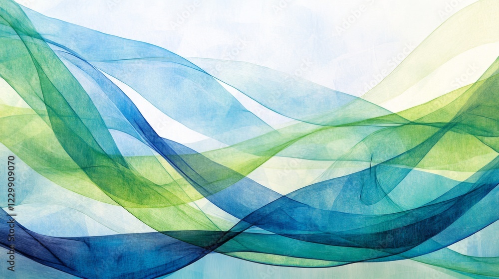 Poster an artistic close-up of flowing, curved lines in shades of blue and green, intertwining and creating