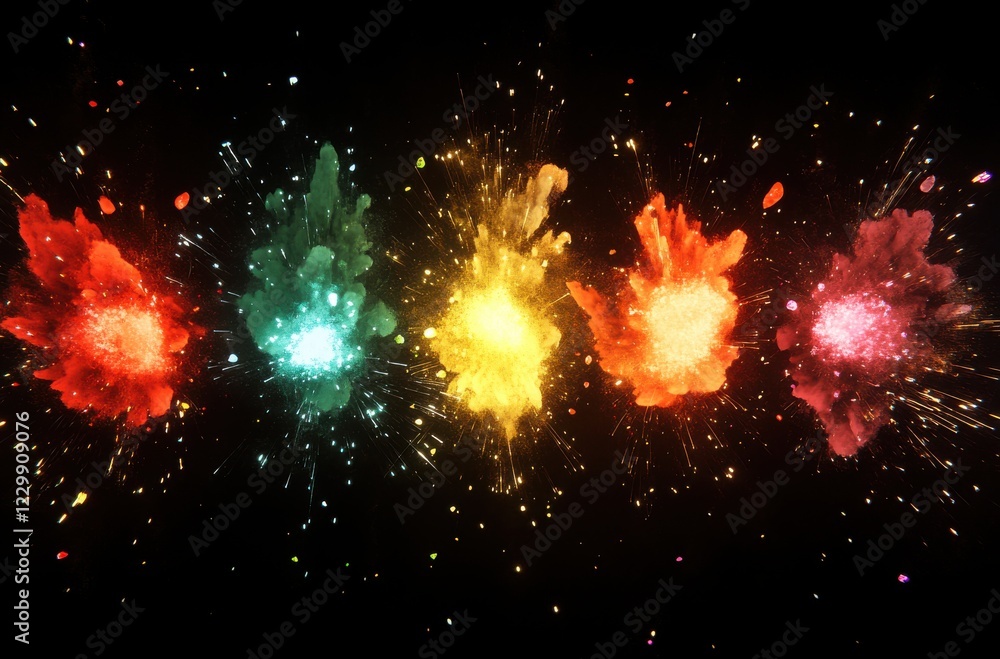 Poster vibrant color explosions with abstract splashes and dynamic particles on a dark background for creat
