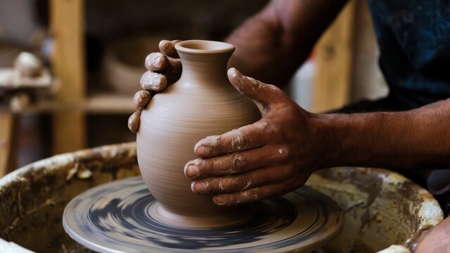 This image shows a skilled artisan shaping a clay vase on a pottery wheel, using their hands to carefully craft the piece. The scene captures the creativity and craftsmanship involved in the pottery-m