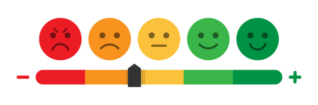 Naklejki Rating emoji set with increase and decrease slider indicator with bad, poor, average, good and excellent level for customer feedback vector illustration. Rating emoji with slider