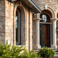 Fototapeta premium Elegant Stone House Exterior: Architectural Design and Details