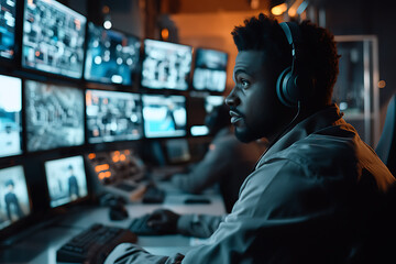 Fototapeta premium A close-up profile view of a security operator wearing headphones, intently focused on multiple computer screens displaying data and information