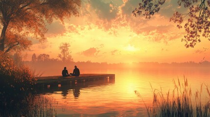 A vibrant sunset paints the sky with orange hues as a fishing boat silhouettes against the tranquil sea