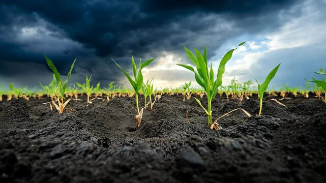 withered corn farmland, crops  in drought plantation ground under black storm cloud, environmental weather crisis concept	