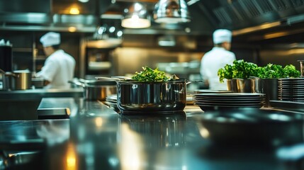 Professional Kitchen with Stainless Steel Equipment and Fresh Greens